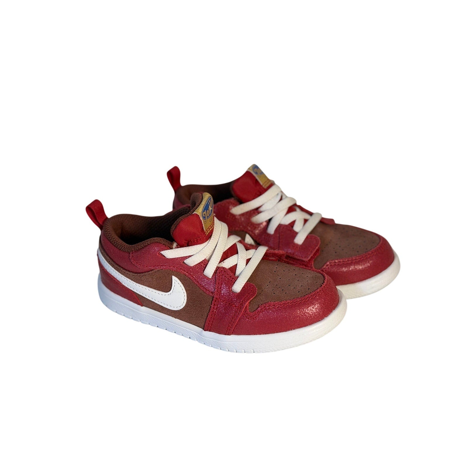 Toddler Air Jordan 1 Low ALT sneakers in red, brown, and white with hook-and-loop straps, US 10C, by Jordan.