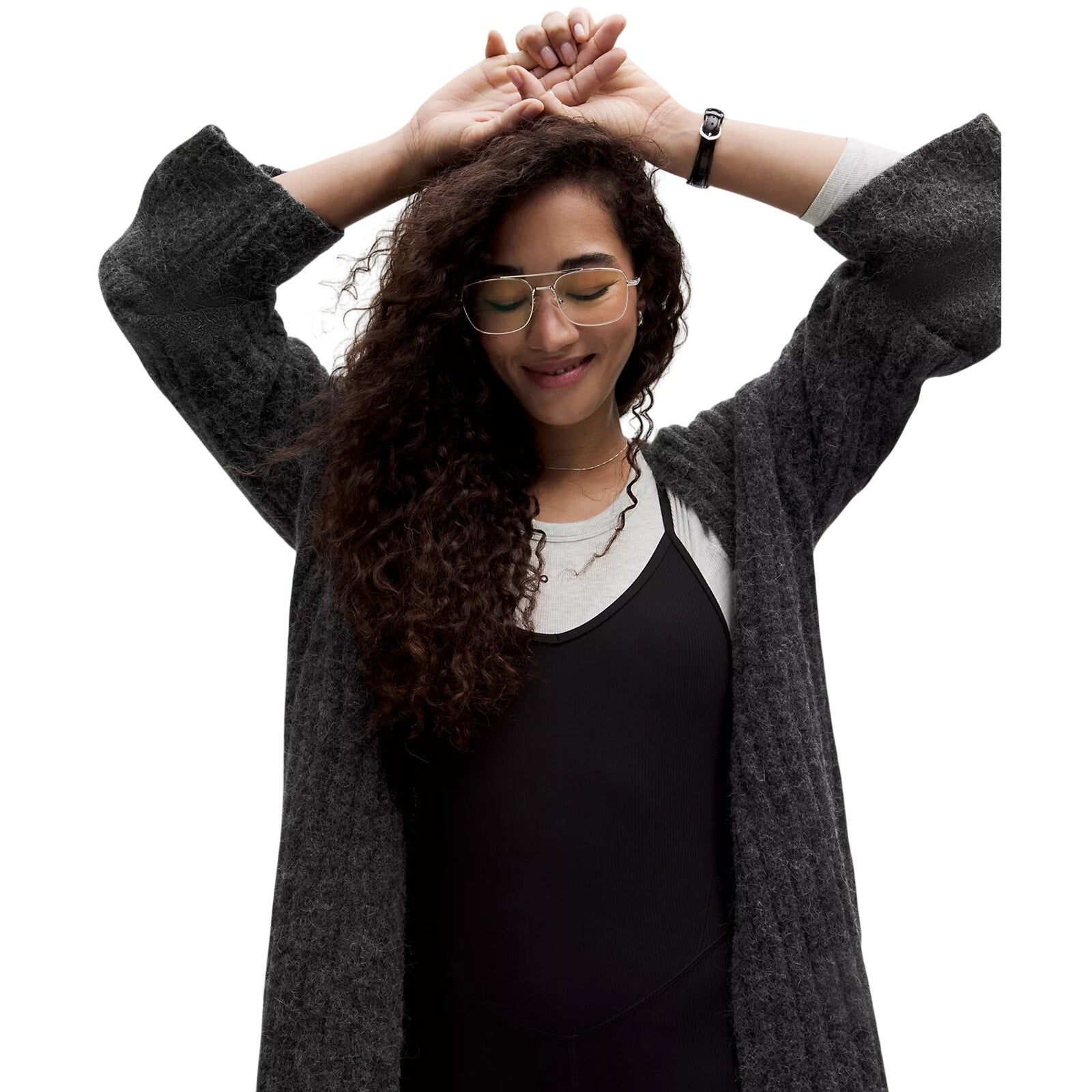 Lululemon women's charcoal gray textured knit long cardigan sweater with open front, cozy and stylish for casual wear