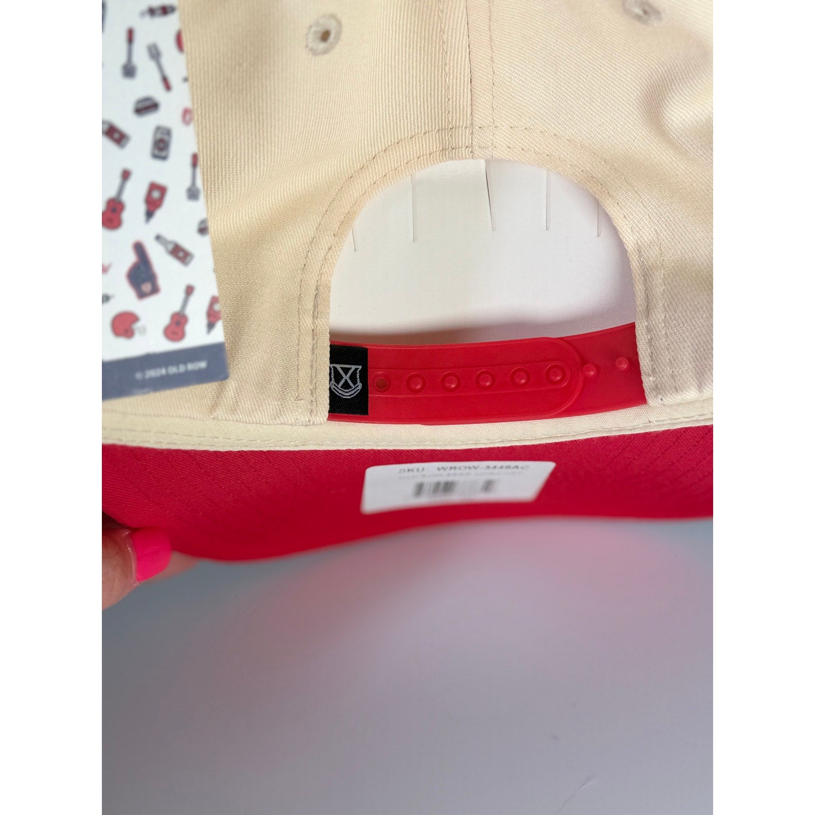 Old Row Beer snapback hat in red and cream, adult baseball cap with flat brim and adjustable fit, new with tags.