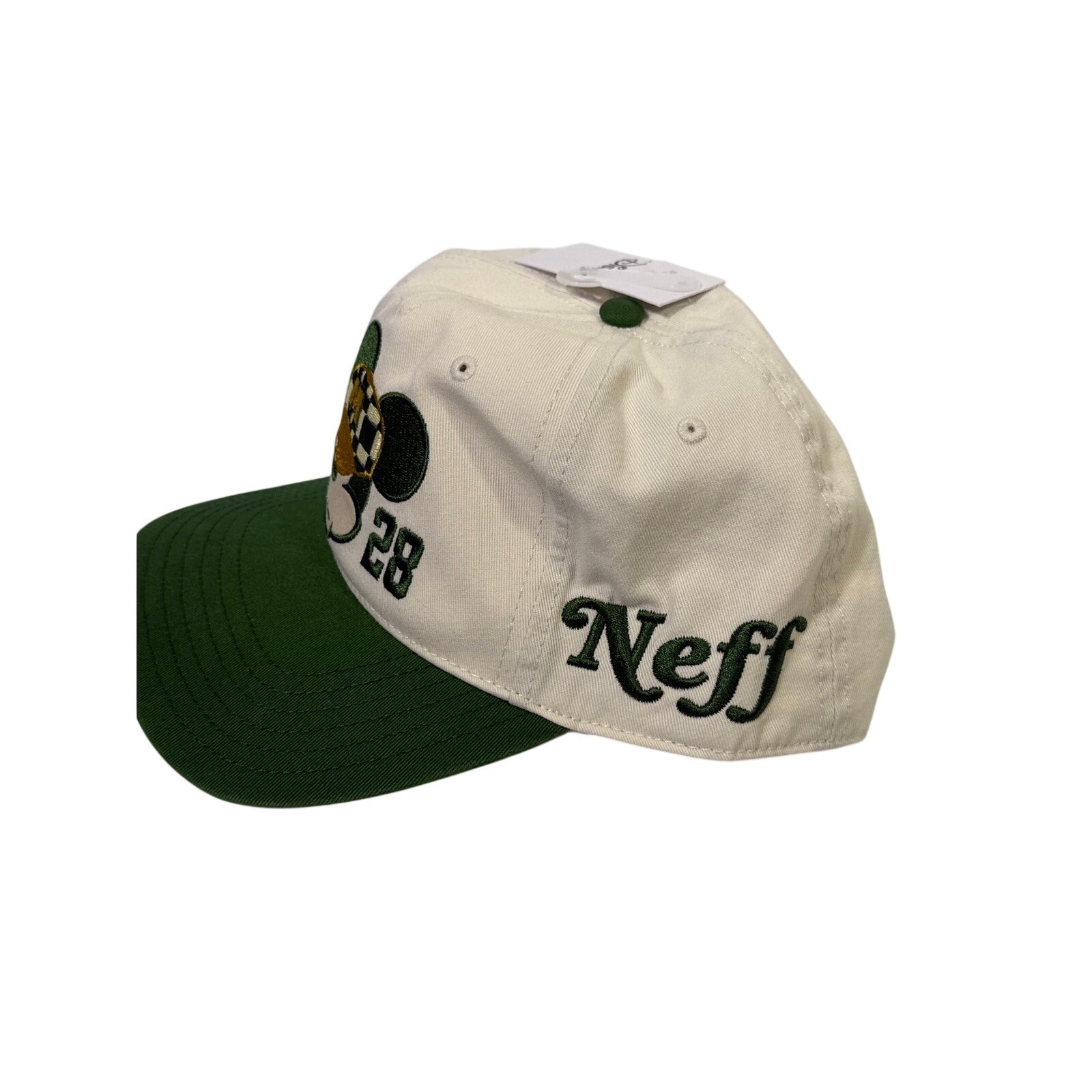 Neff Disney Mickey Mouse 1928 snapback hat in cream and green with Mickey Mouse graphic, new with tags.