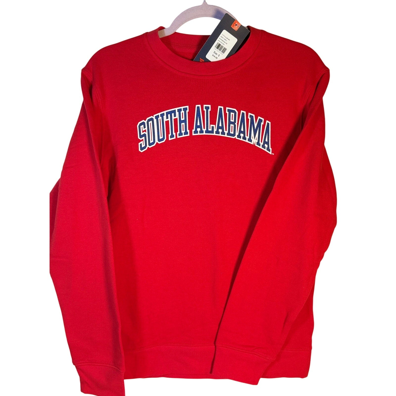 South Alabama Jaguars men's red crewneck sweatshirt by LEAGUE, new with tags, showing front view with team logo.