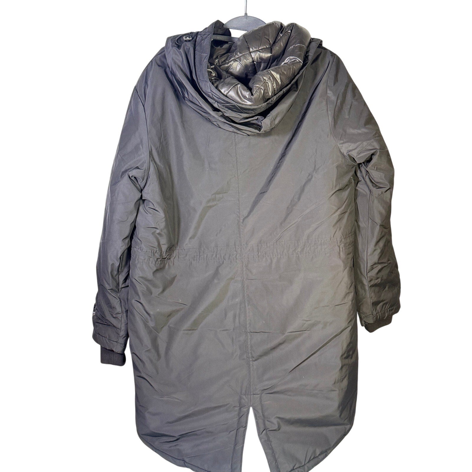 Black Women's Free Country Arctic Series Anorak jacket with hood, long coat style, shown on a model.
