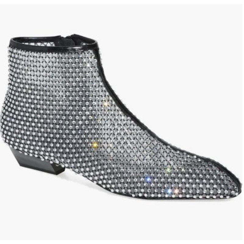 Rebecca Minkoff black crystal mesh booties for women, size 8M, with 40mm heel, new in box, stylish and elegant footwear.