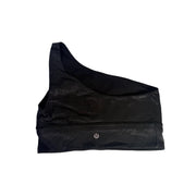 Lululemon women's black one-shoulder foil sports bra size 8, close-up showing sleek design and supportive fit.
