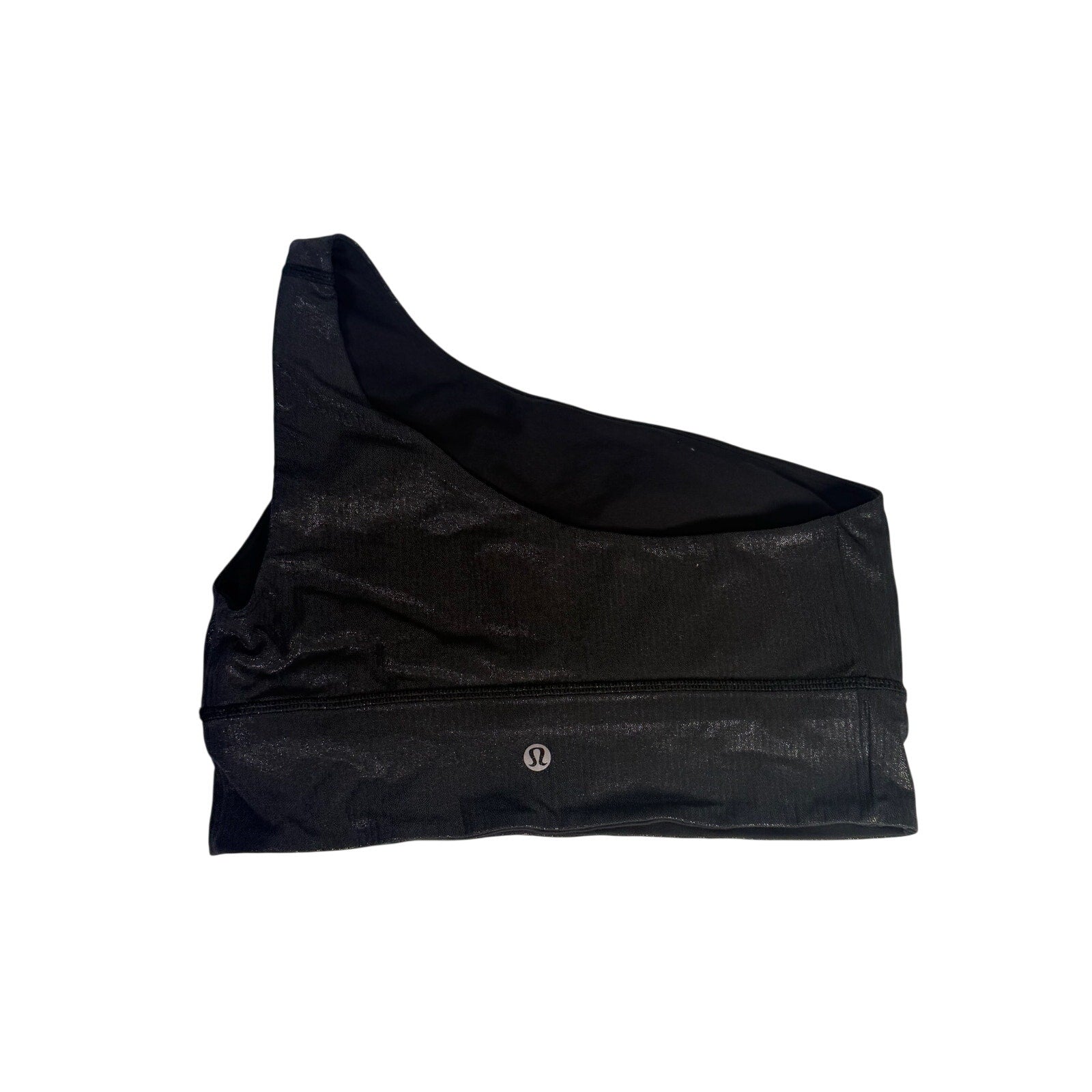 Lululemon women's black one-shoulder foil sports bra size 8, close-up showing sleek design and supportive fit.