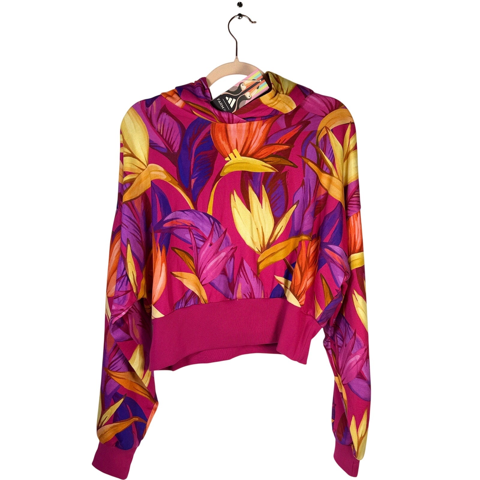 adidas x FARM Rio women's tropical floral cropped hoodie in pink and multicolor, size XL, featuring vibrant floral patterns.
