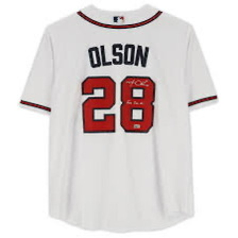 White Nike Atlanta Braves Matt Olson #28 MLB jersey T-shirt with team logo and player number on the front.