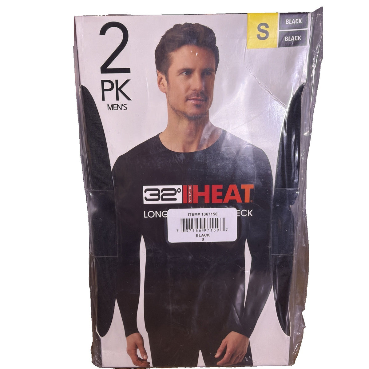 Pair of black 32 Degrees Heat men's long sleeve crew base layer tops in size small, laid flat on a white background.