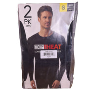 Pair of black 32 Degrees Heat men's long sleeve crew base layer tops in size small, laid flat on a white background.