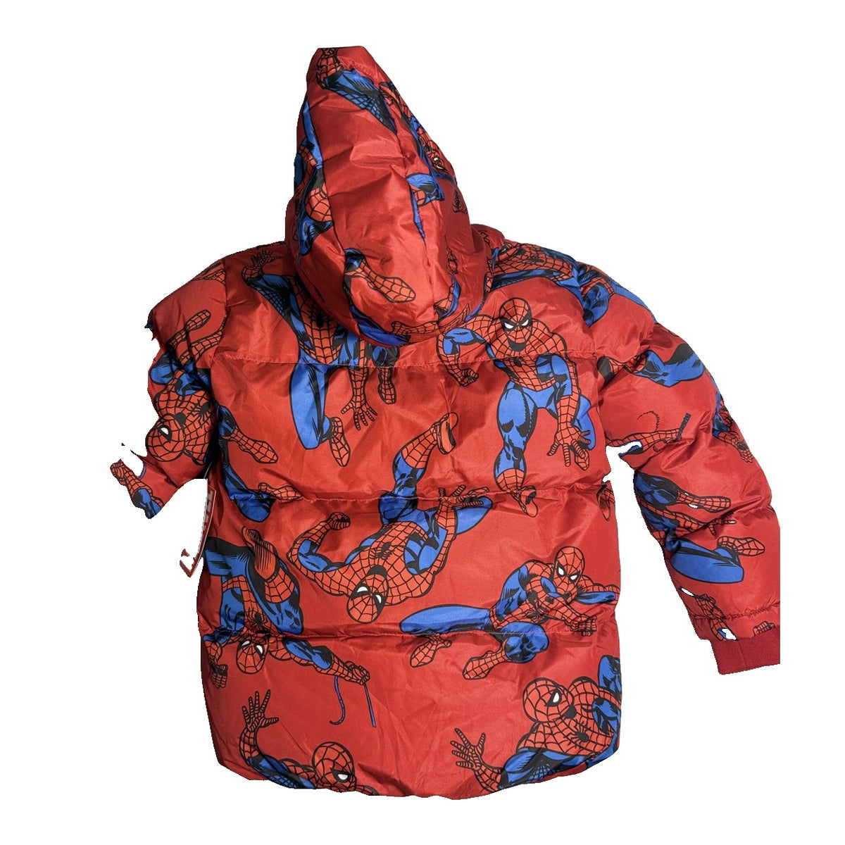 Marvel Spider-Man hooded puffer jacket for boys, red Sherpa-lined jacket with Spider-Man design in small size 6/7.