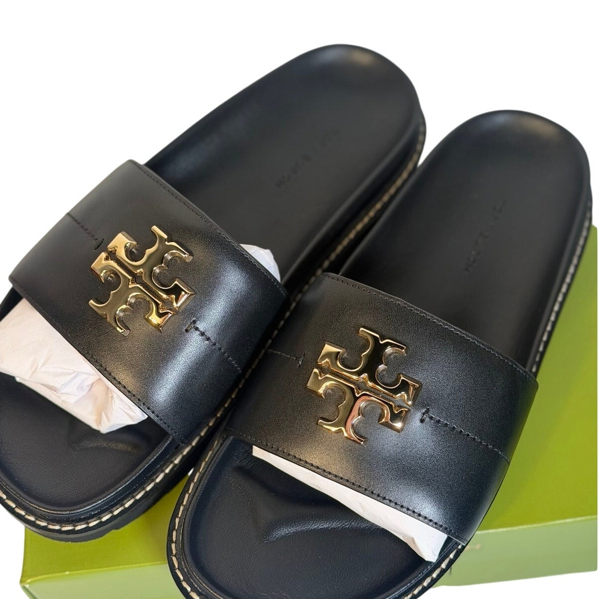 Tory Burch Everly Anatomic Lug Slide Sandals Black Gold Women’s Size 8