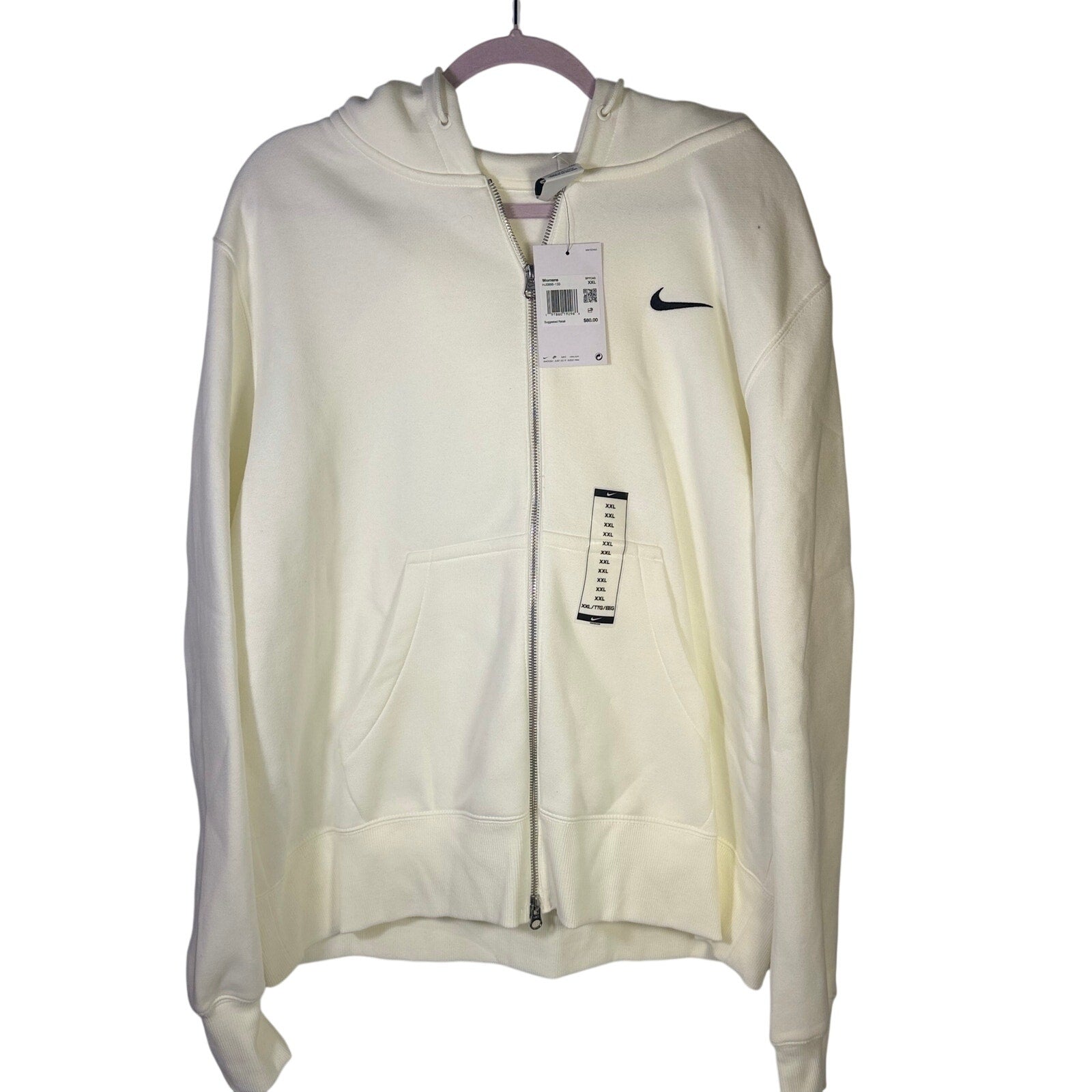 Nike Sportswear women's full-zip hoodie in cream ivory, size XXL with Nike Swoosh logo, front view, new with tags.
