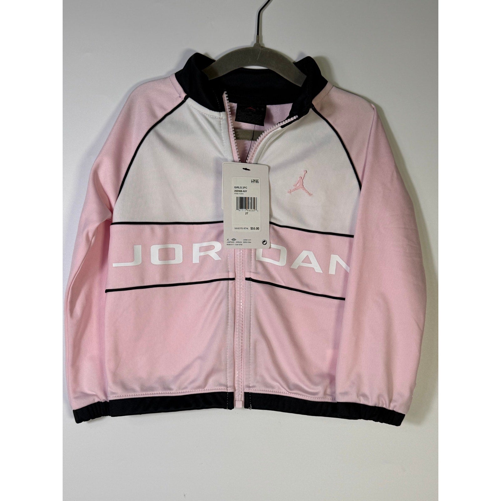 Pink and black Jordan toddler girls 2-piece track jacket and pants set, size 2T, new with tags, casual athletic clothing.