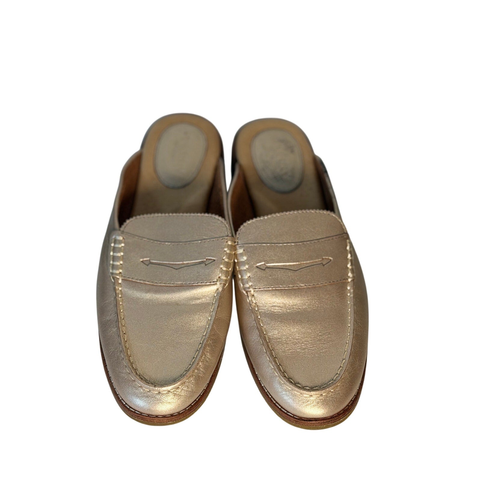 Women's Sperry Top-Sider metallic gold leather loafers, slip-on mule style, US size 8, with a sleek and shiny finish.