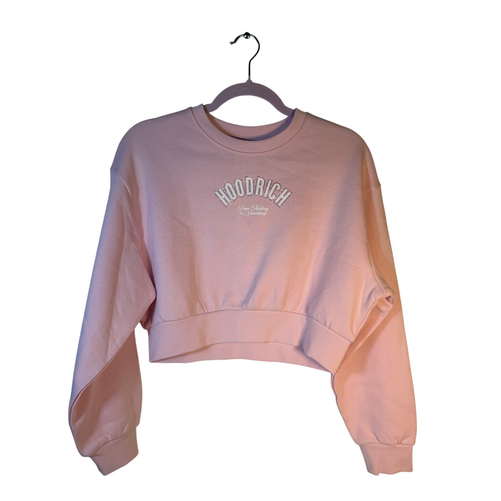 Pink Hoodrich women's cropped sweatshirt with rhinestone logo, crewneck pullover, small size, stylish and comfortable.