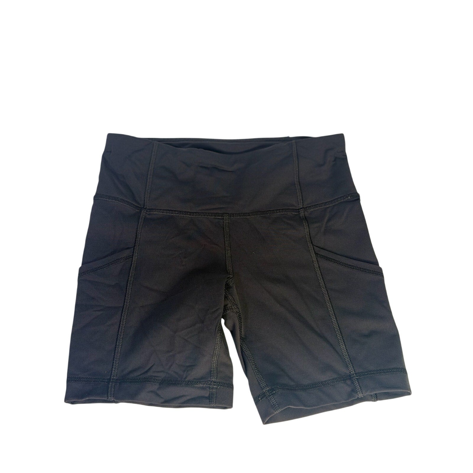 Black Lululemon women's high-rise biker shorts with side pockets, size 2, shown laid flat with a smooth, stretchy fabric appearance.