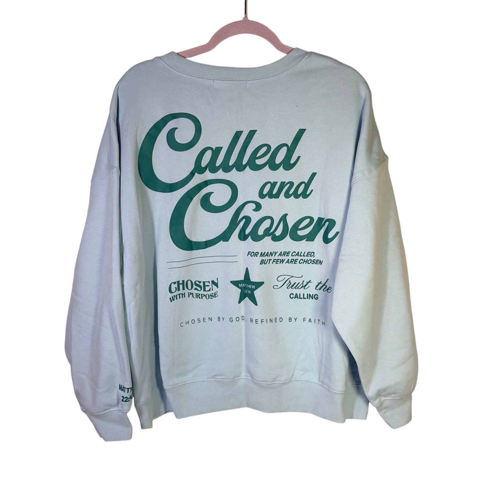 Light blue Revival Club Called and Chosen Christian sweatshirt in XL size, showing the front view with printed design.