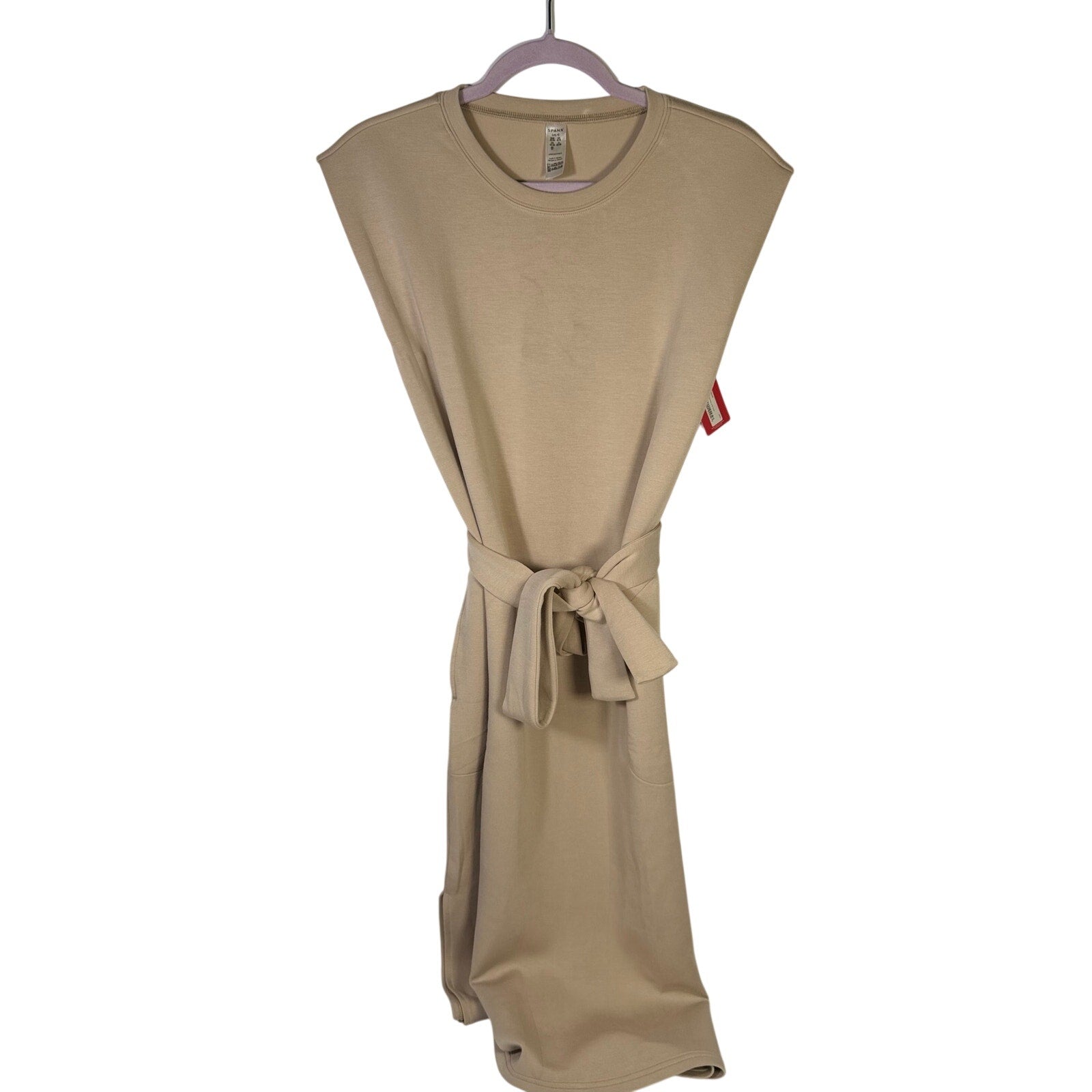 Spanx AirEssentials sleeveless tie-waist tank dress in Tahini, size large, shown on model, casual and comfortable fit.