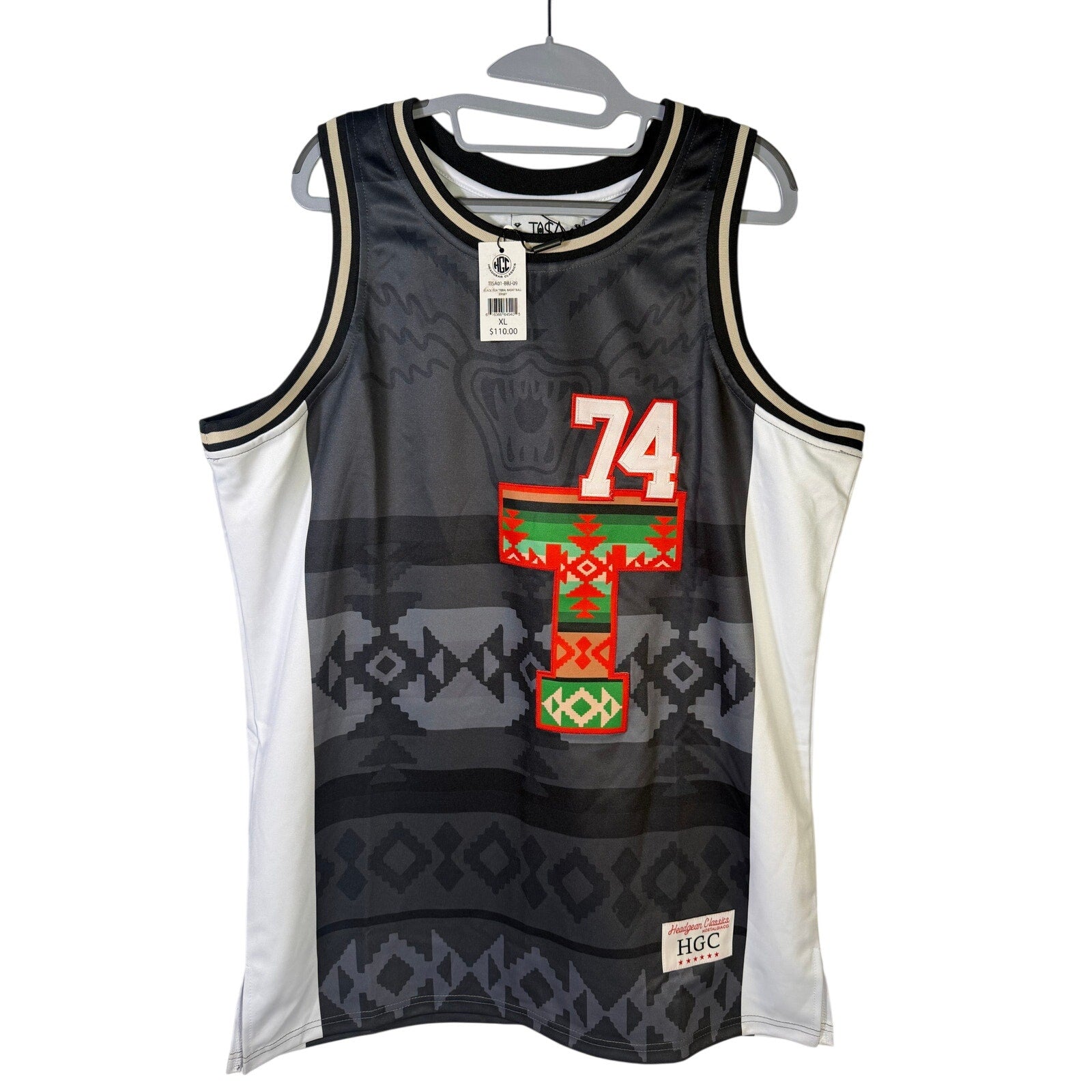 Headgear Classics Taos Pueblo tribal basketball jersey for men, XL size, featuring traditional Pueblo design and vibrant colors.