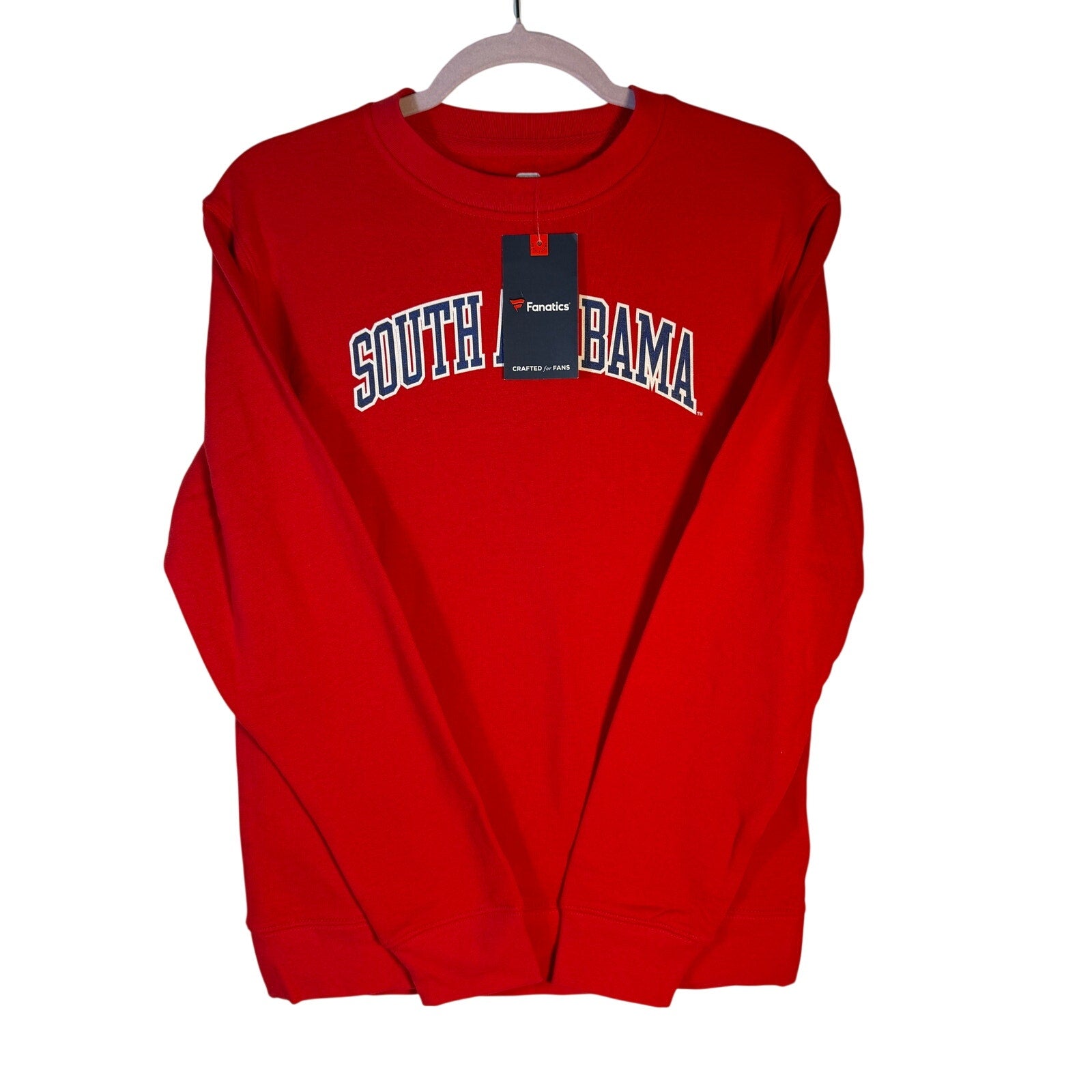 Men's red South Alabama Jaguars crewneck sweatshirt by LEAGUE, new with tags, showing the front view on a plain background.