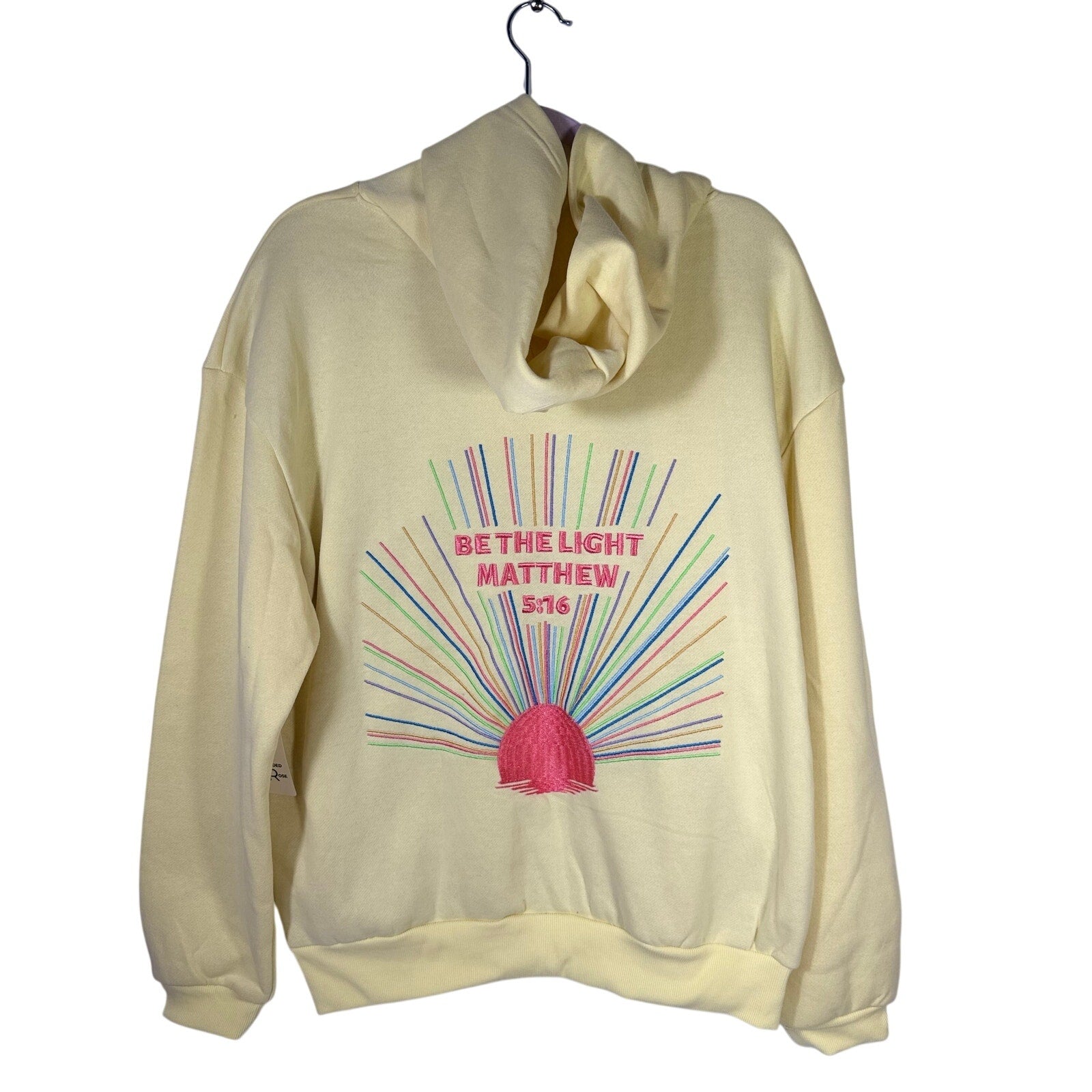 Faded Rose Be The Light Matthew 5:16 yellow Christian hoodie, size large, with printed scripture design on front.