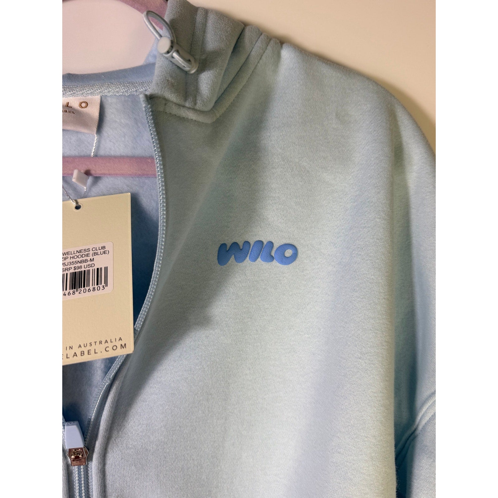 Wilo The Label Wellness Club blue crop zip hoodie for women, size M, with front zipper and casual fit.