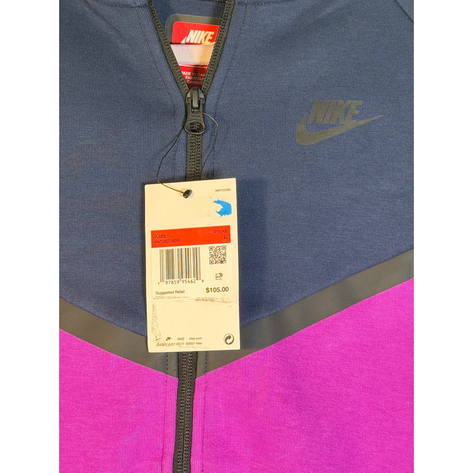 Nike Sportswear Tech Fleece hoodie for kids, full zip, large size, purple and blue, soft fleece fabric, new with tags