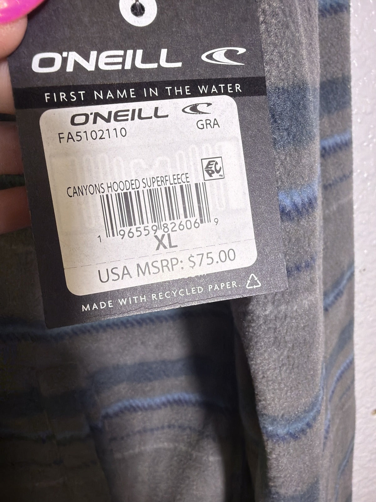 Men's O'Neill Canyons Hooded Superfleece Shirt Jacket in gray blue stripe, men's XL, featuring a cozy hood and fleece fabric.