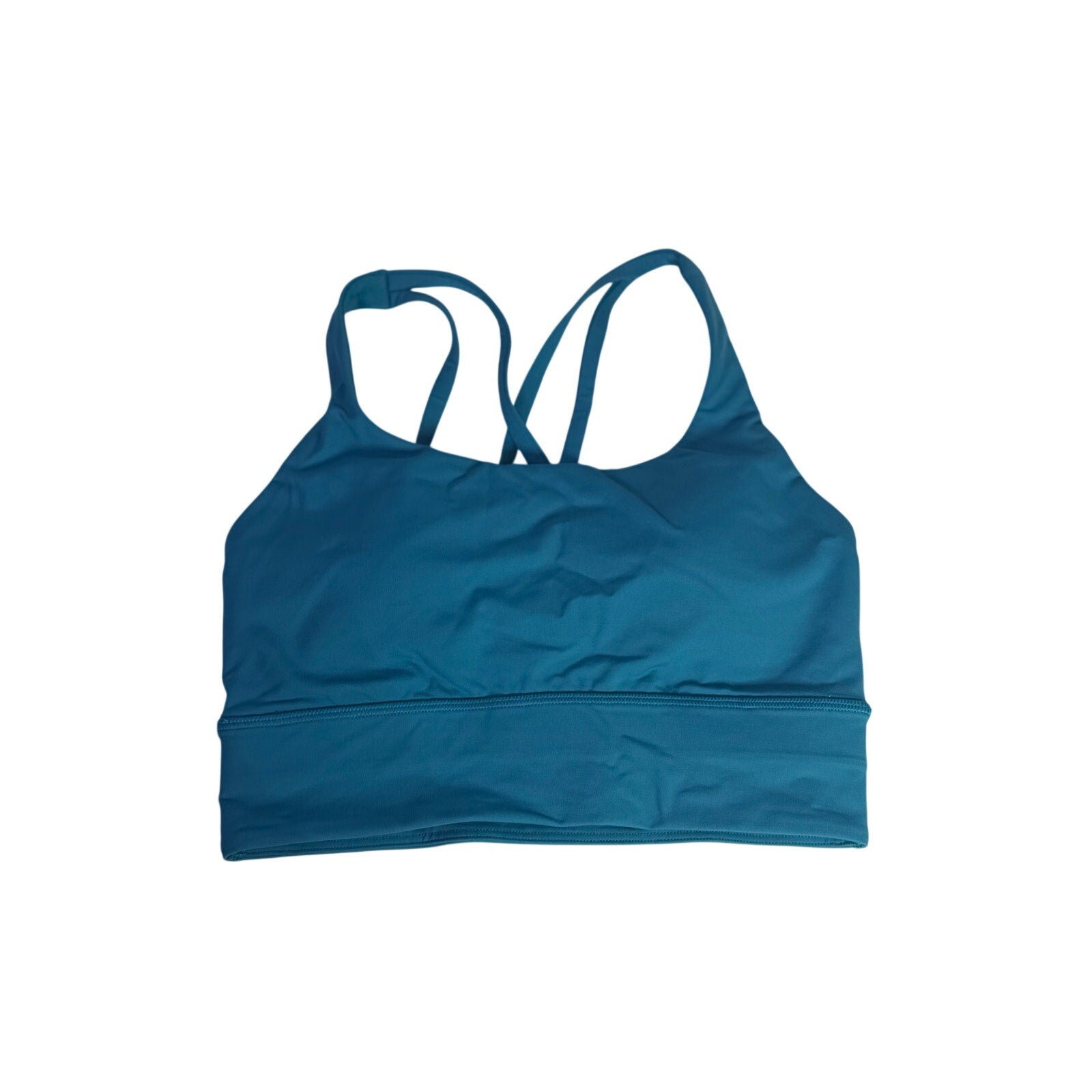 Lululemon women's teal blue strappy longline sports bra with supportive design, size 4, featuring crisscross straps and moisture-wicking fabric.