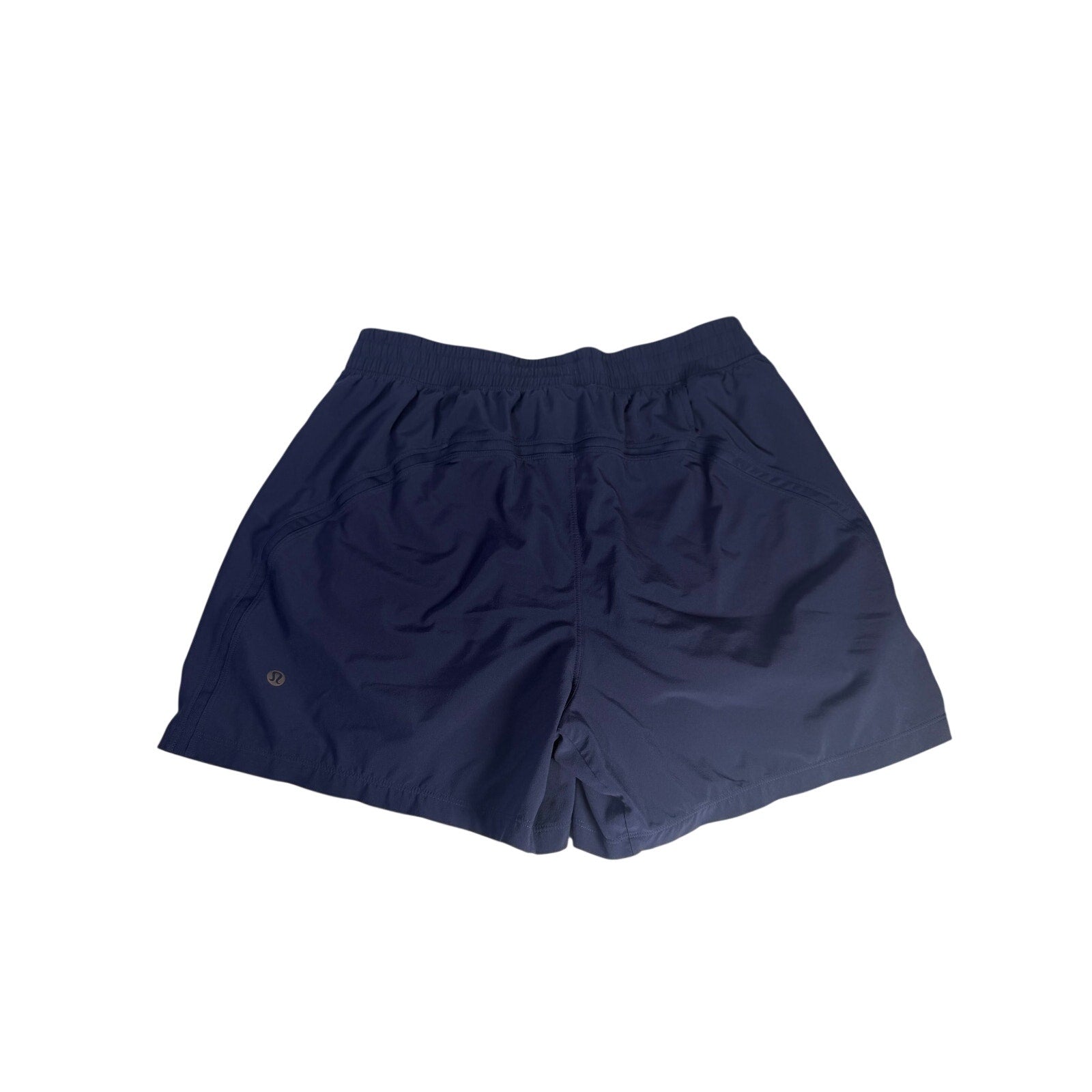 Lululemon men's navy blue athletic running shorts, size M, lightweight and breathable fabric, front and back view.