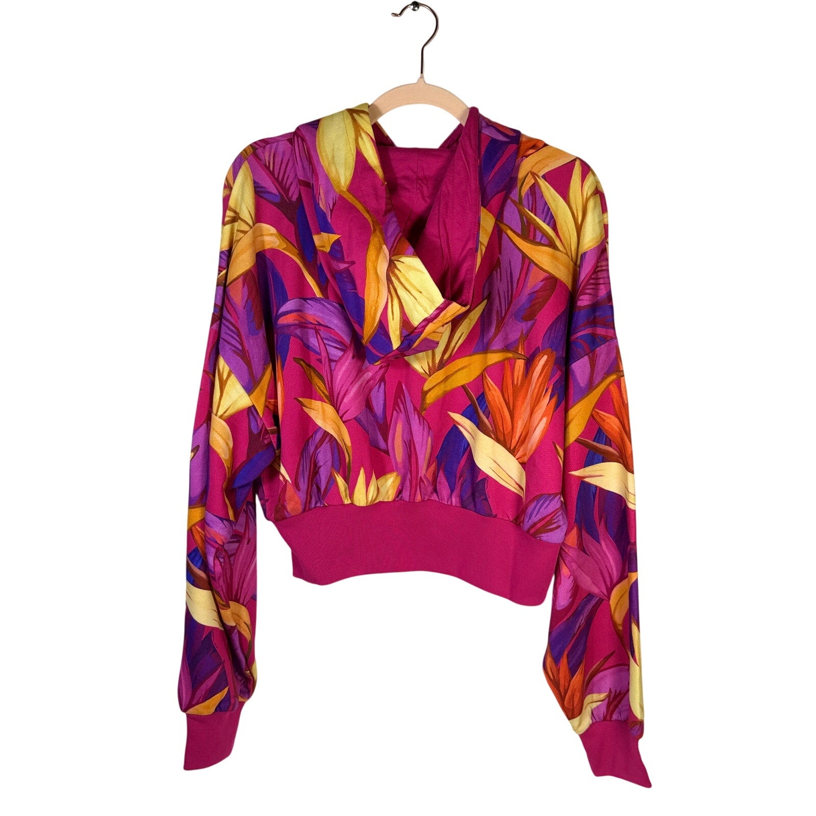 adidas x FARM Rio women's tropical floral cropped hoodie in pink and multicolor, size XL, with floral pattern and casual fit