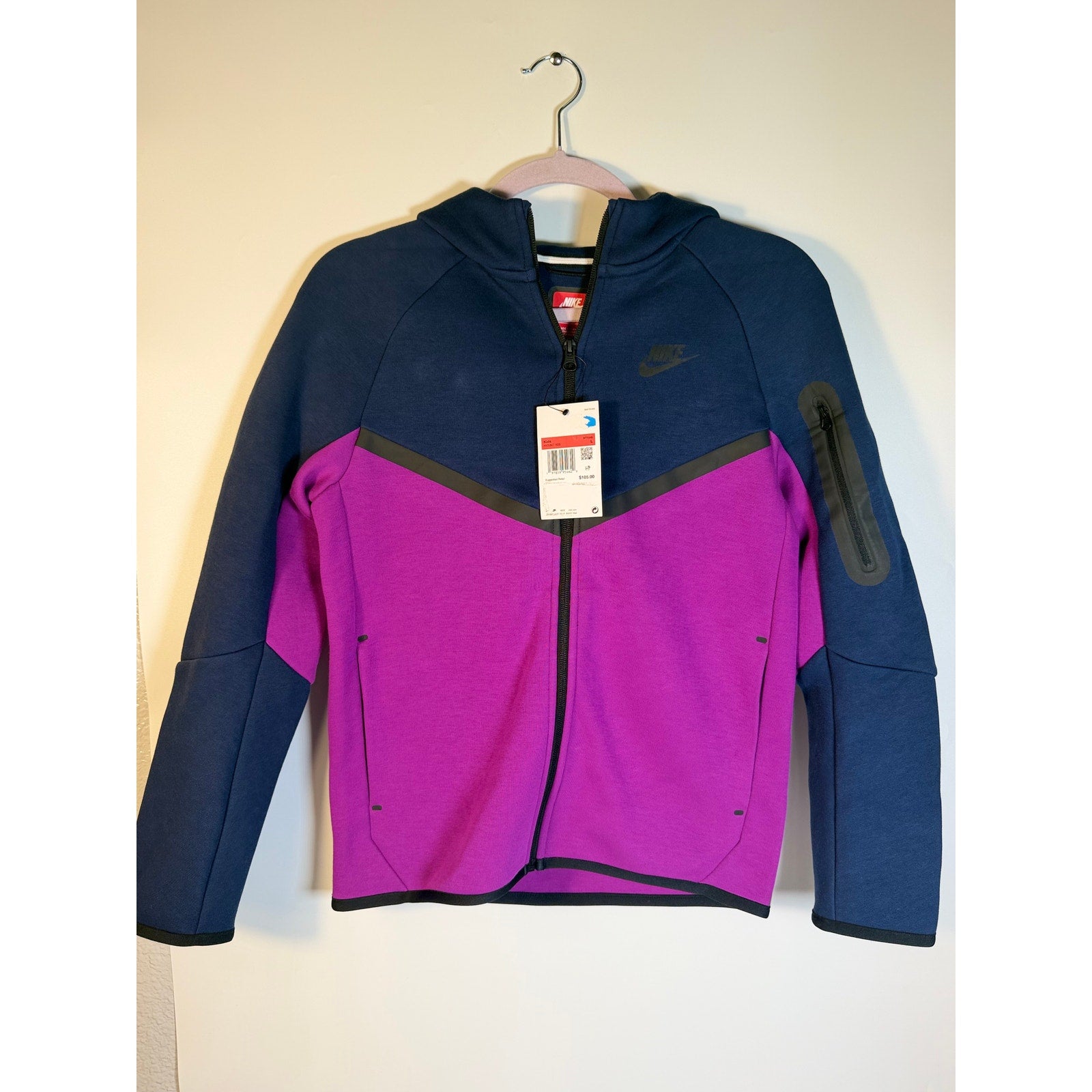 Nike Sportswear Tech Fleece Kids hoodie in purple and blue, full zip, large size, with a hood and fleece material.
