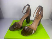 Sam Edelman Yaro green croco print ankle strap block heel sandal, size 8M, with box, showcasing the stylish heel and strap design.