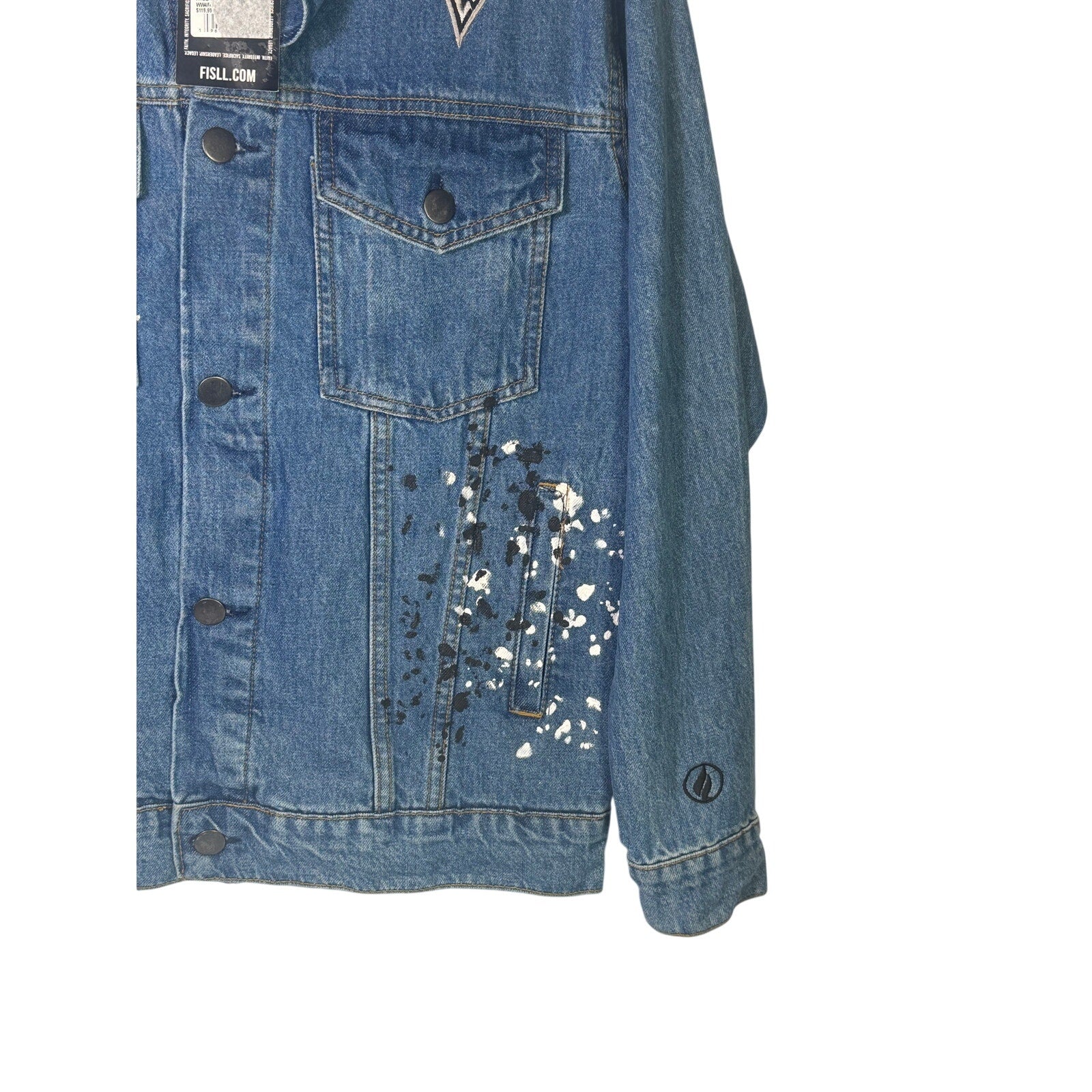 FISLL Las Vegas Aces Wilson denim jacket for women and men, size medium, with team logo and classic blue denim fabric.
