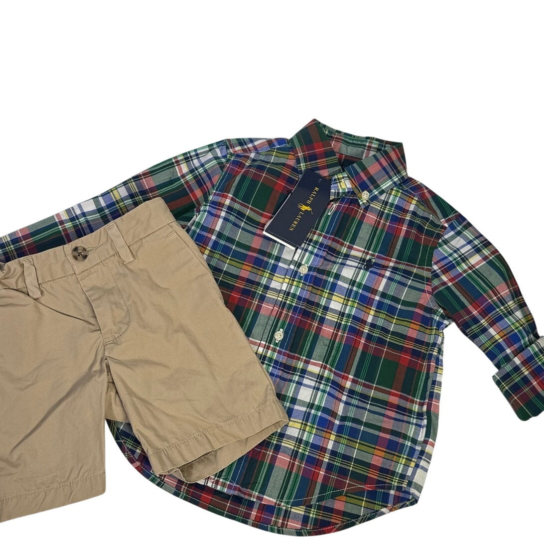 Ralph Lauren boys plaid shirt and khaki chino shorts outfit set in size 2T, featuring classic Ralph Lauren style and casual design.