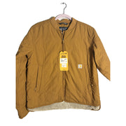 Carhartt Rain Defender loose fit quilted sherpa-lined women's brown jacket, size medium, showing front view with quilted interior.