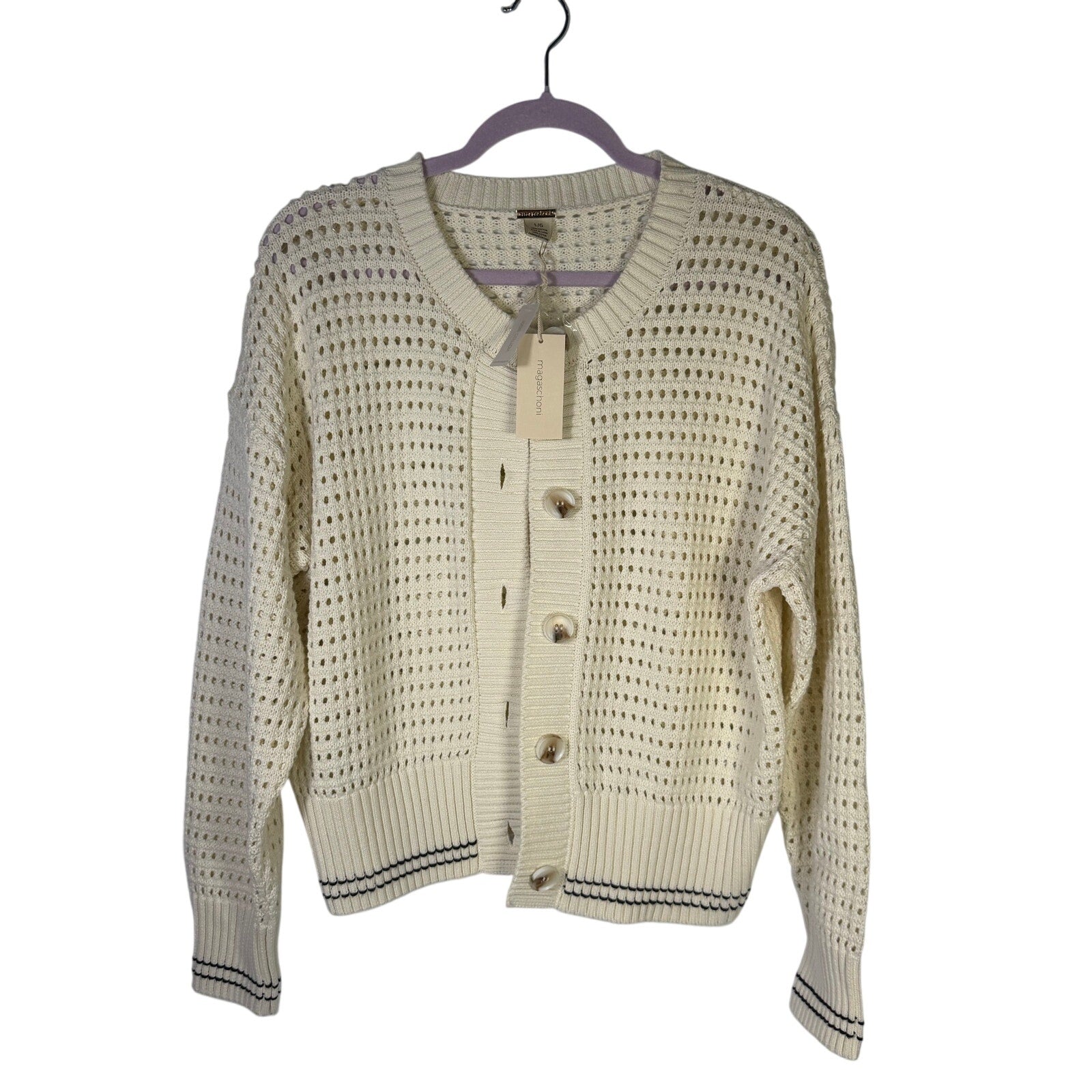 Magaschoni women's cream open-knit button cardigan sweater, size large, featuring a soft knit texture and stylish design.