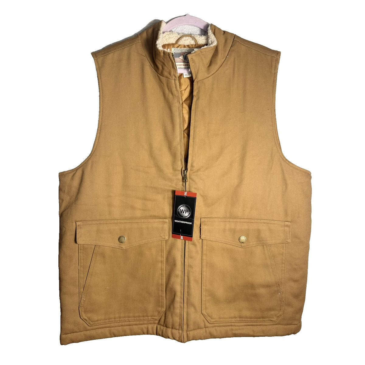 Weatherproof men's tan Sherpa-lined canvas work vest, weatherproof heritage jacket in size XL, designed for durability and comfort.
