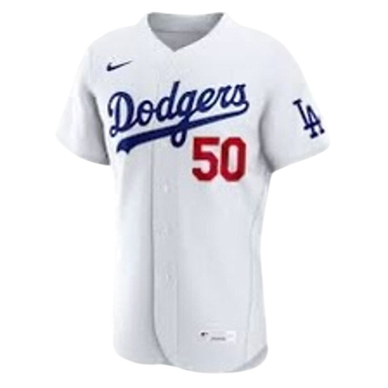 Nike Los Angeles Dodgers Mookie Betts #50 men's white jersey, front view, with team logo and player number, new with tags.