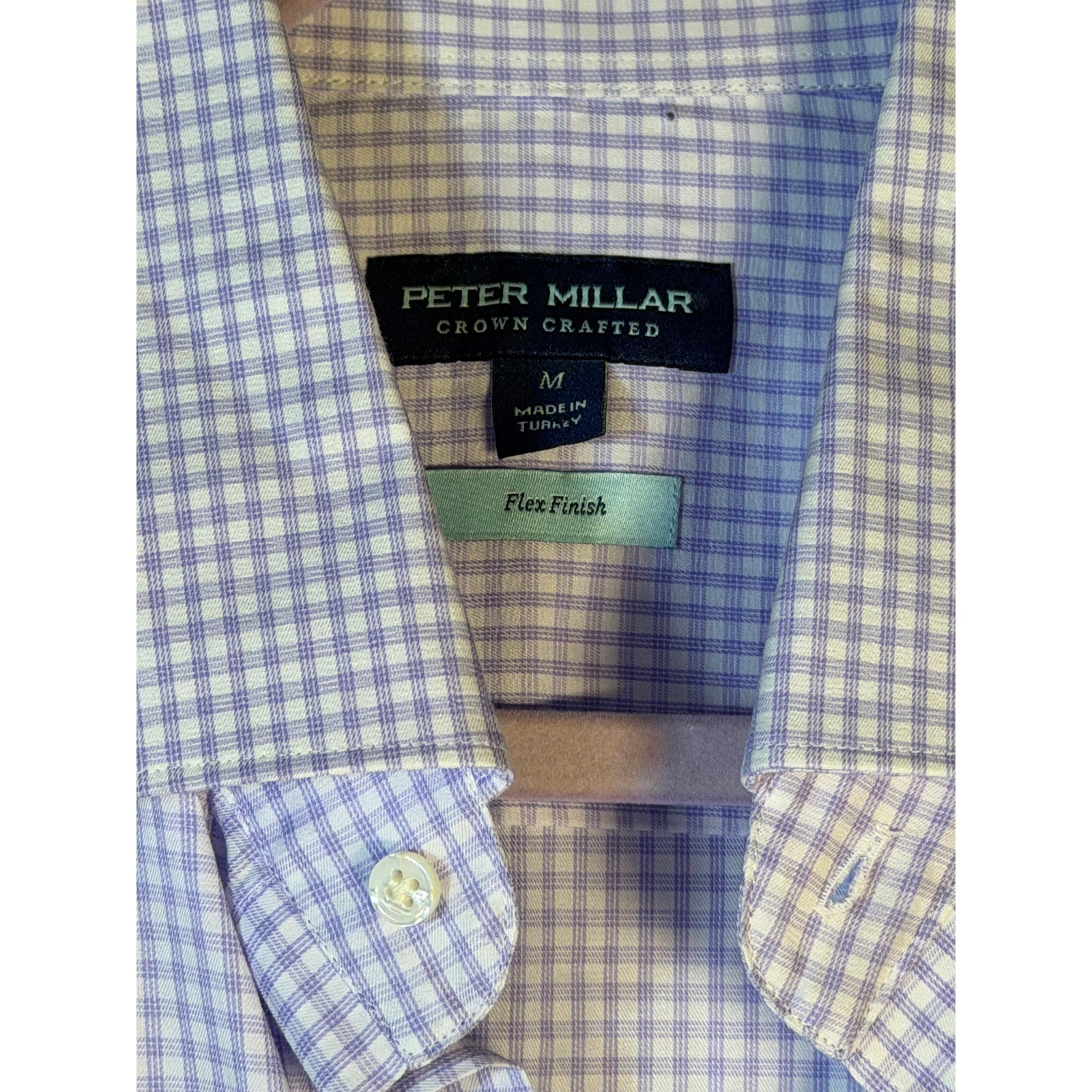 Peter Millar Crown Crafted purple check dress shirt for men, showing the tailored fit and classic button-down style.