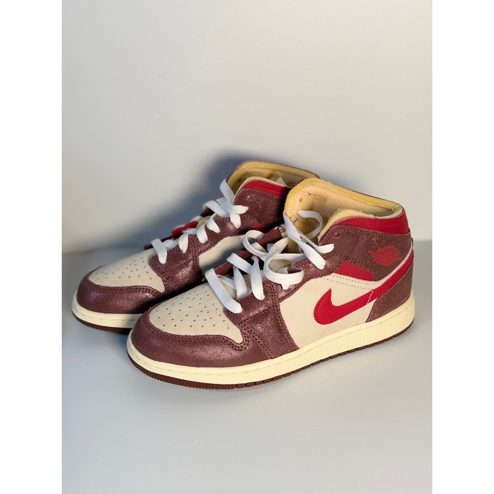 Nike Air Jordan 1 Mid SE Craft sneakers in Sail, Red, and Brown for men, featuring stylish design and high-quality leather.