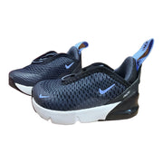 Nike Air Max 270 TD toddler sneakers in navy, blue, and white with visible damage on the box, size 4C.