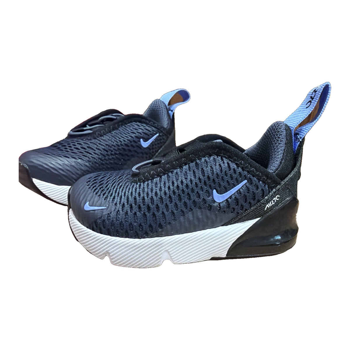 Nike Air Max 270 TD toddler sneakers in navy, blue, and white with visible damage on the box, size 4C.