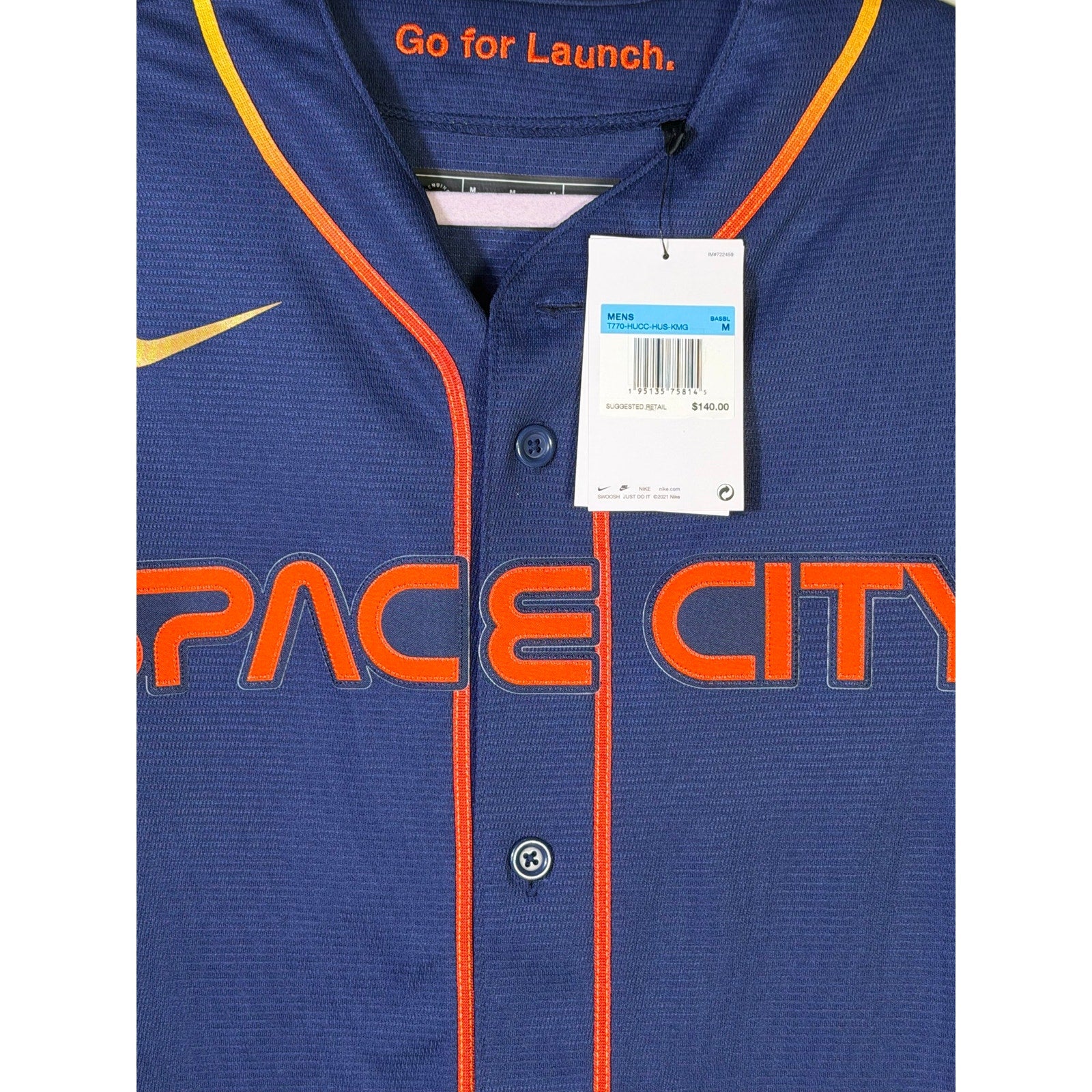 Nike Houston Astros Space City Connect MLB jersey in navy for men, size M, displayed on a hanger.