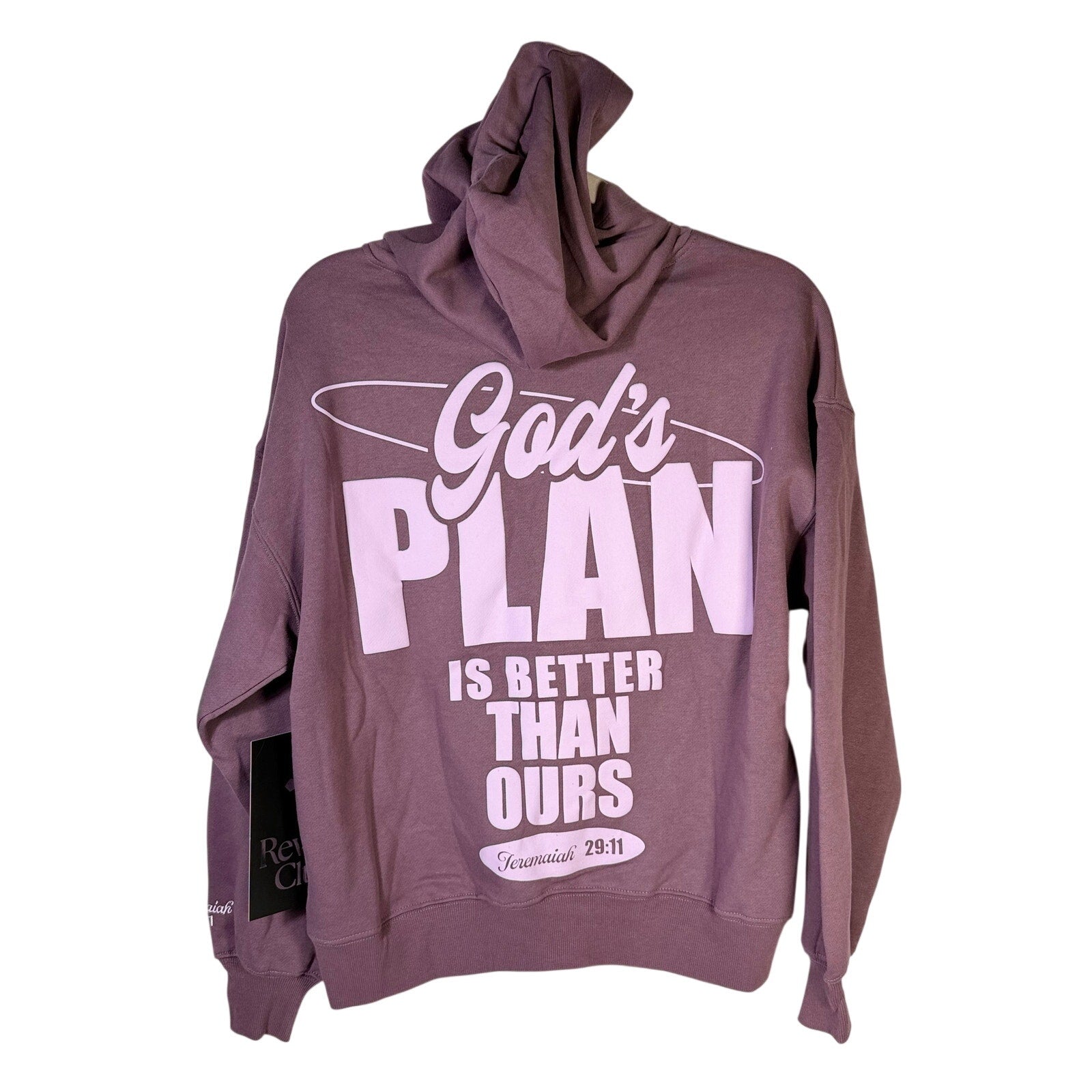 Revival Club women's mauve purple hoodie with "God’s Plan Jeremiah 29:11" text, casual sweatshirt with front design.