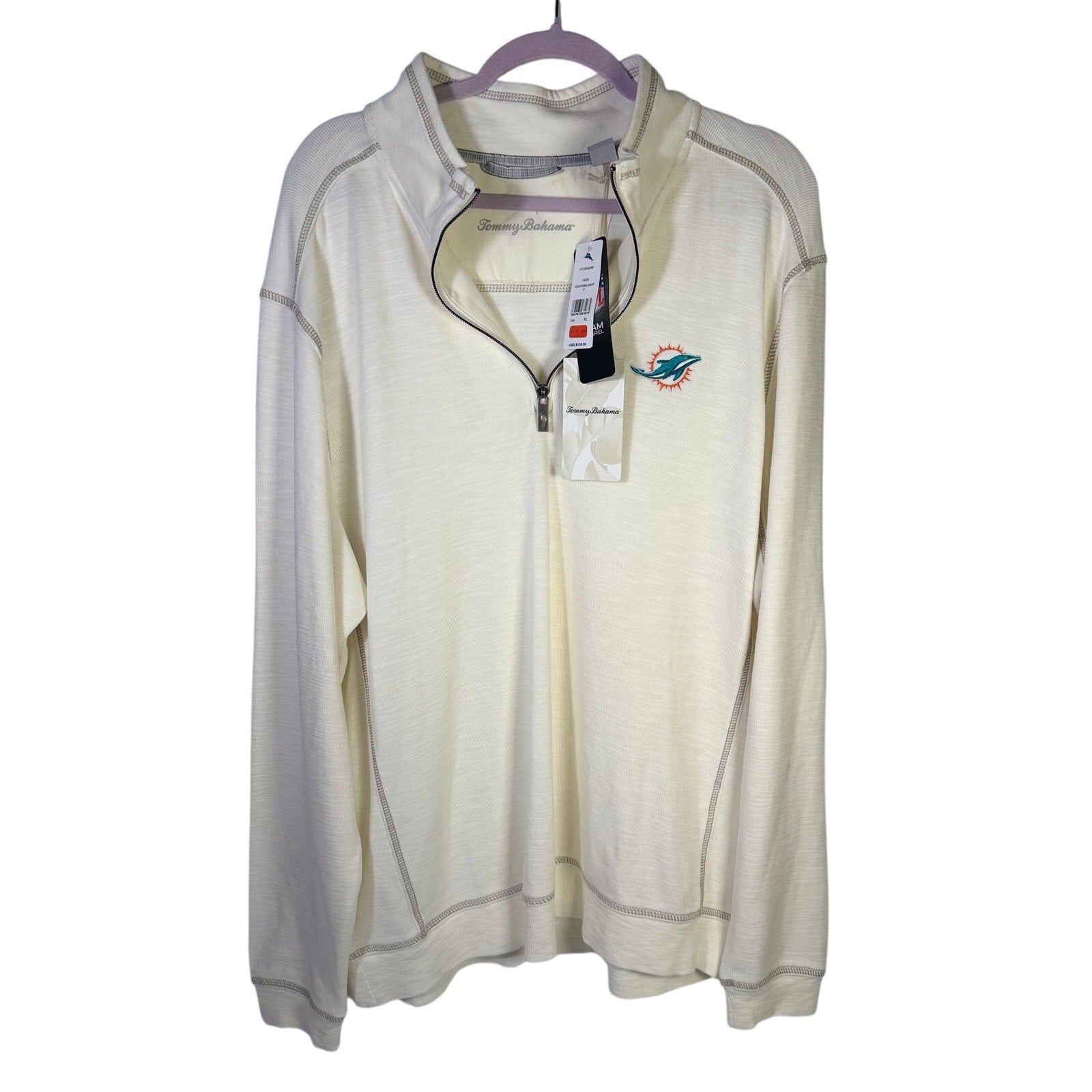 Tommy Bahama Miami Dolphins NFL Tobago Bay half-zip sweatshirt for men, XL, white, casual athletic style.