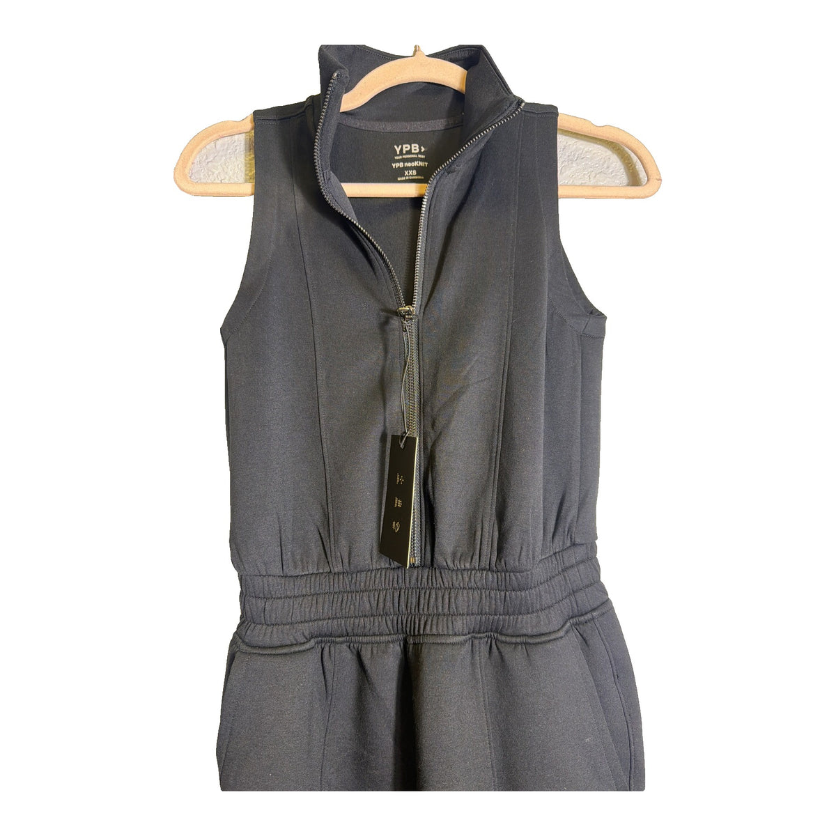 Black Abercrombie & Fitch YPB neoKNIT sleeveless half-zip jogger jumpsuit for women in XXS, displayed flat with zip detail.