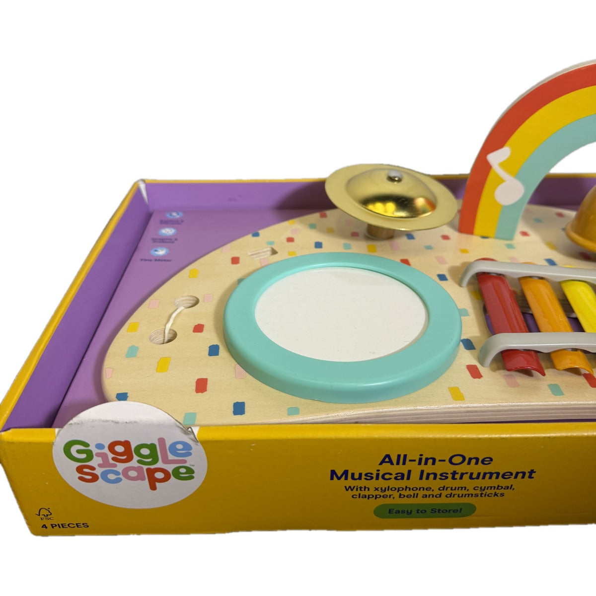 Gigglescape all-in-one wooden musical instrument table with xylophone, drum, cymbal, and bell for toddlers age 18 months+