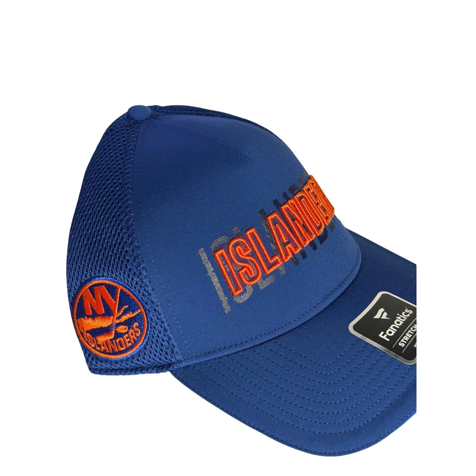 Fanatics New York Islanders NHL stretch fit mesh hat in blue, medium/large size, featuring team logo and breathable mesh fabric.