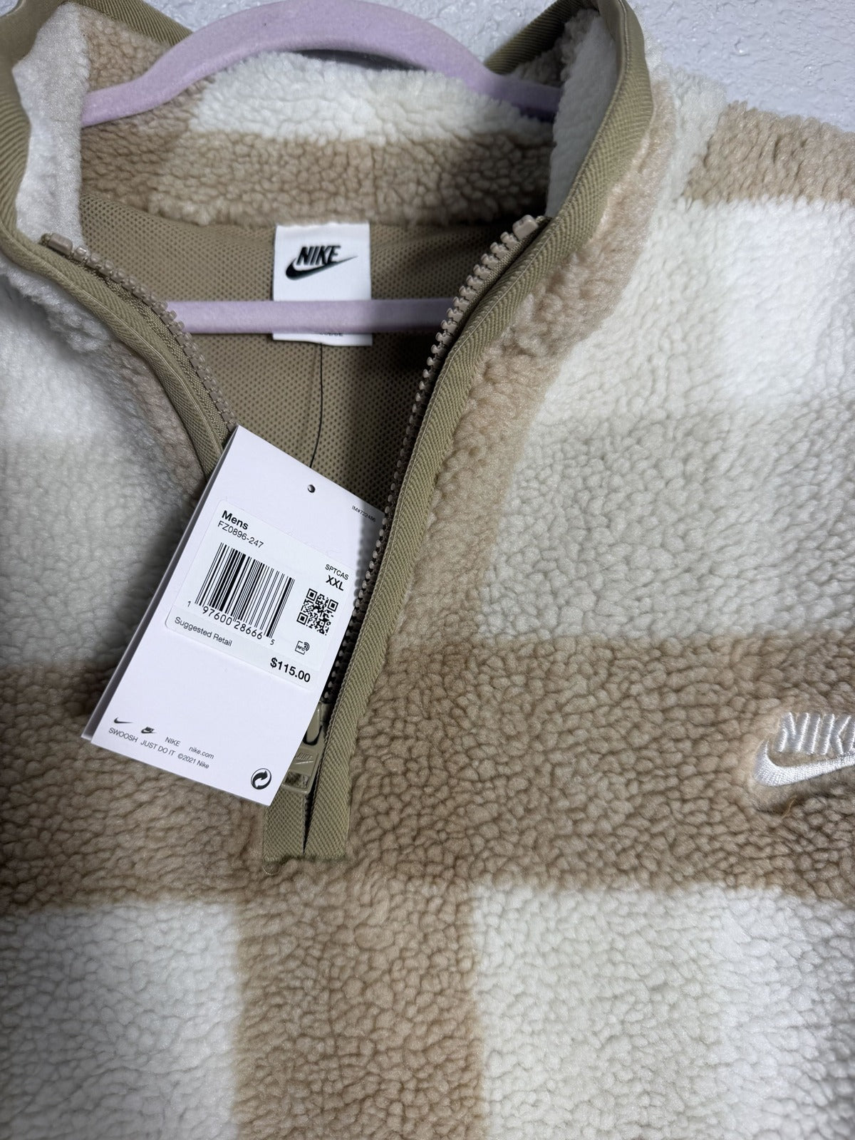 Nike Club Sherpa plaid half-zip pullover men's jacket in khaki and cream, featuring a cozy sherpa lining and casual style.